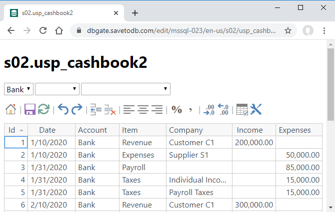 Примеры DBGate - s02.usp_cashbook2